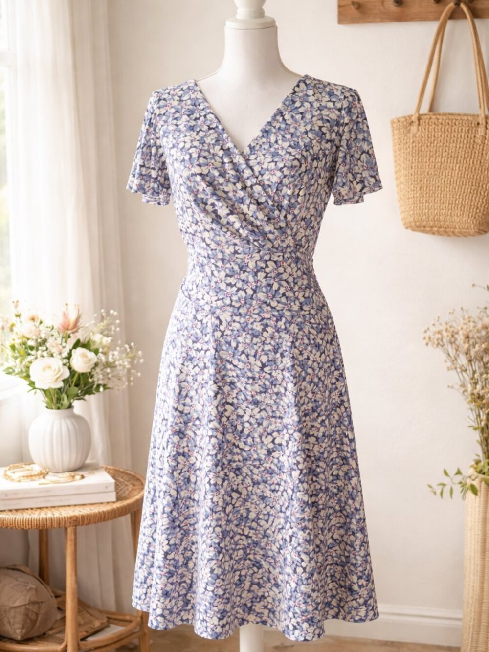 NWT Ralph Lauren Blue Floral Surplice Midi Dress